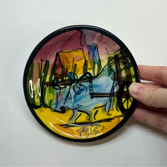 Other - vintage hand painted 5 inch plate abstract colorful cart wagon rural pto plata